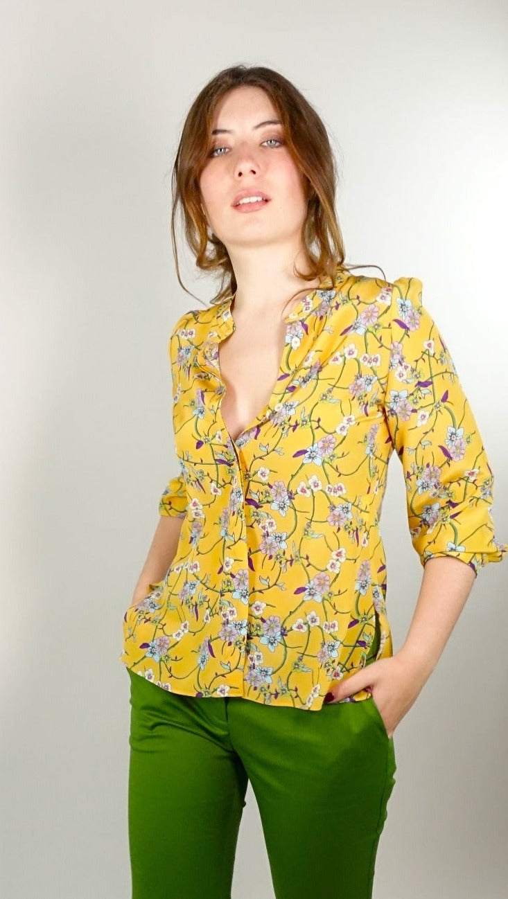 Camicia in seta fantasia "Fiori di mandorlo" fondo arancio