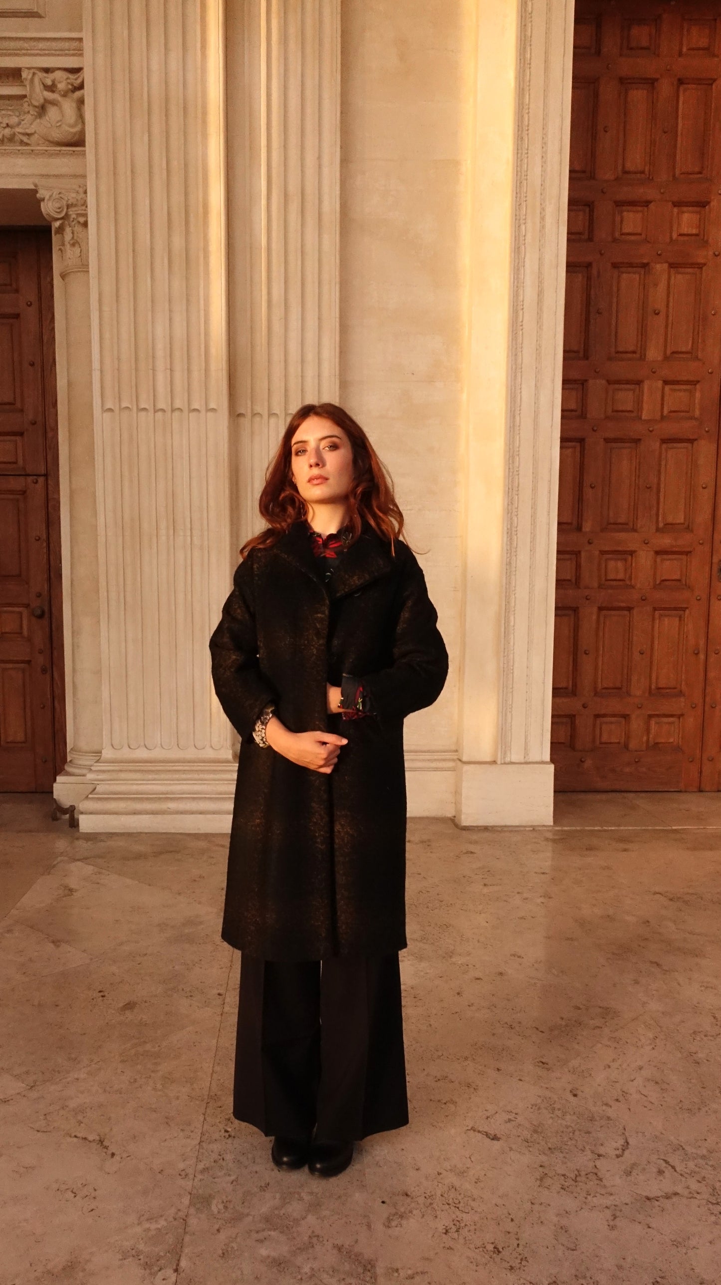Amelie coat in black wool with melange check