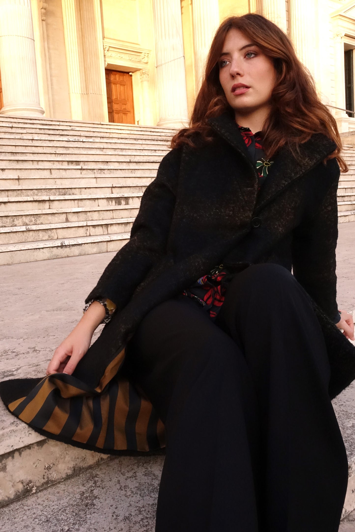 Amelie coat in black wool with melange check
