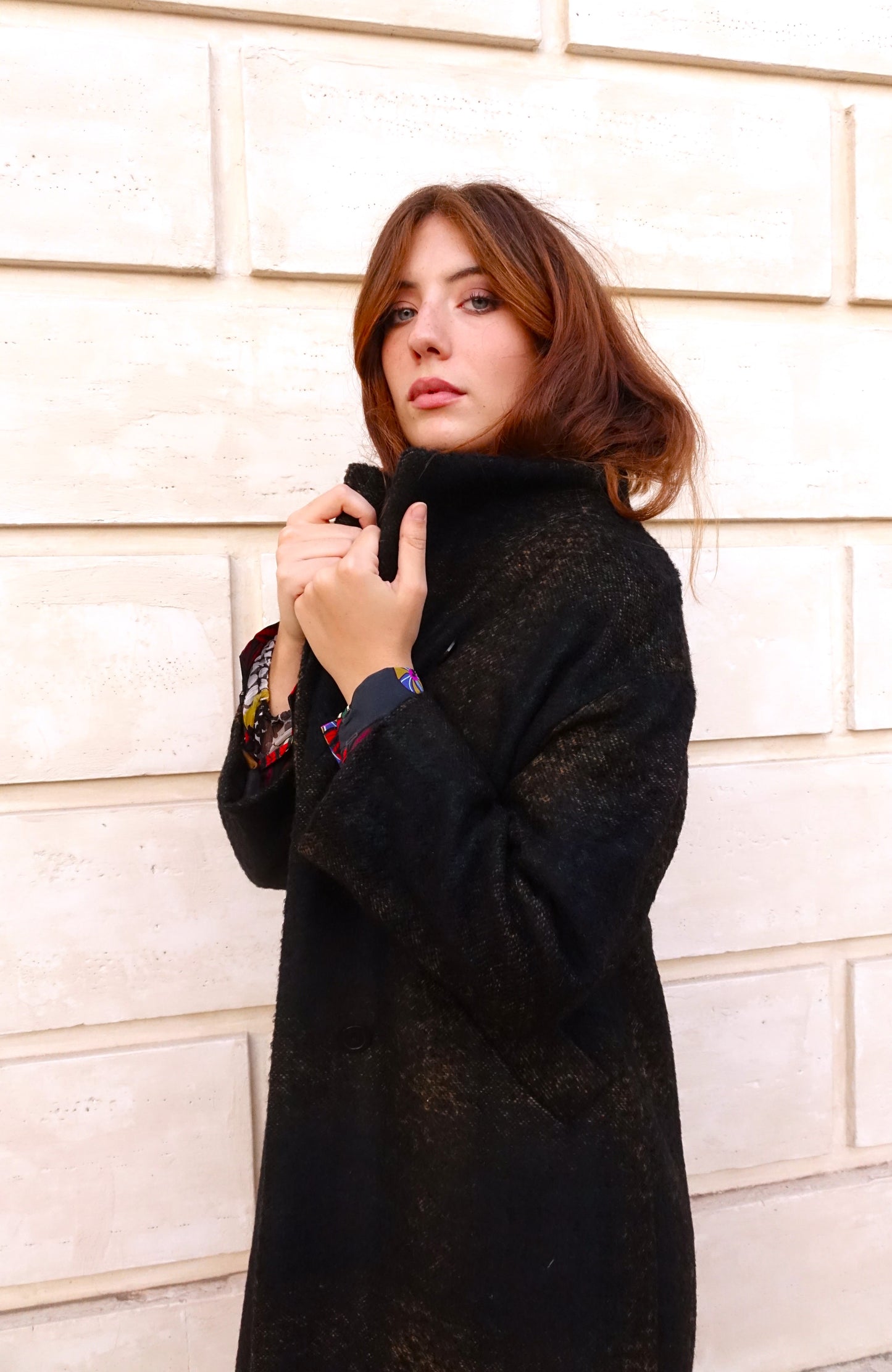 Amelie coat in black wool with melange check