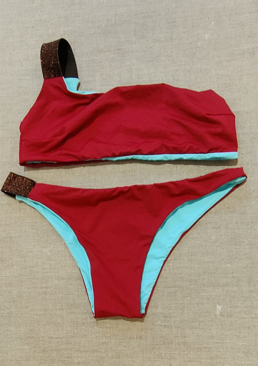 Red and aquamarine and mustard one-shoulder bikini