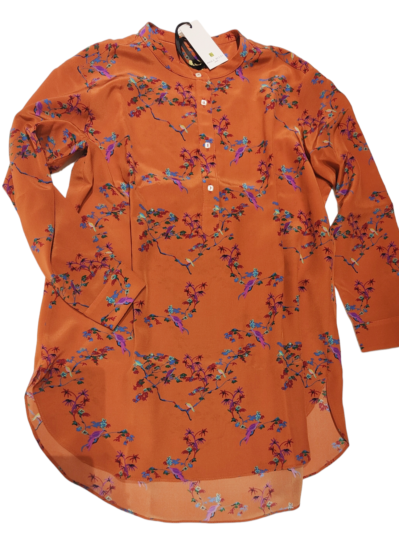 "Unique" silk shirt with "Cineserie" pattern with orange background