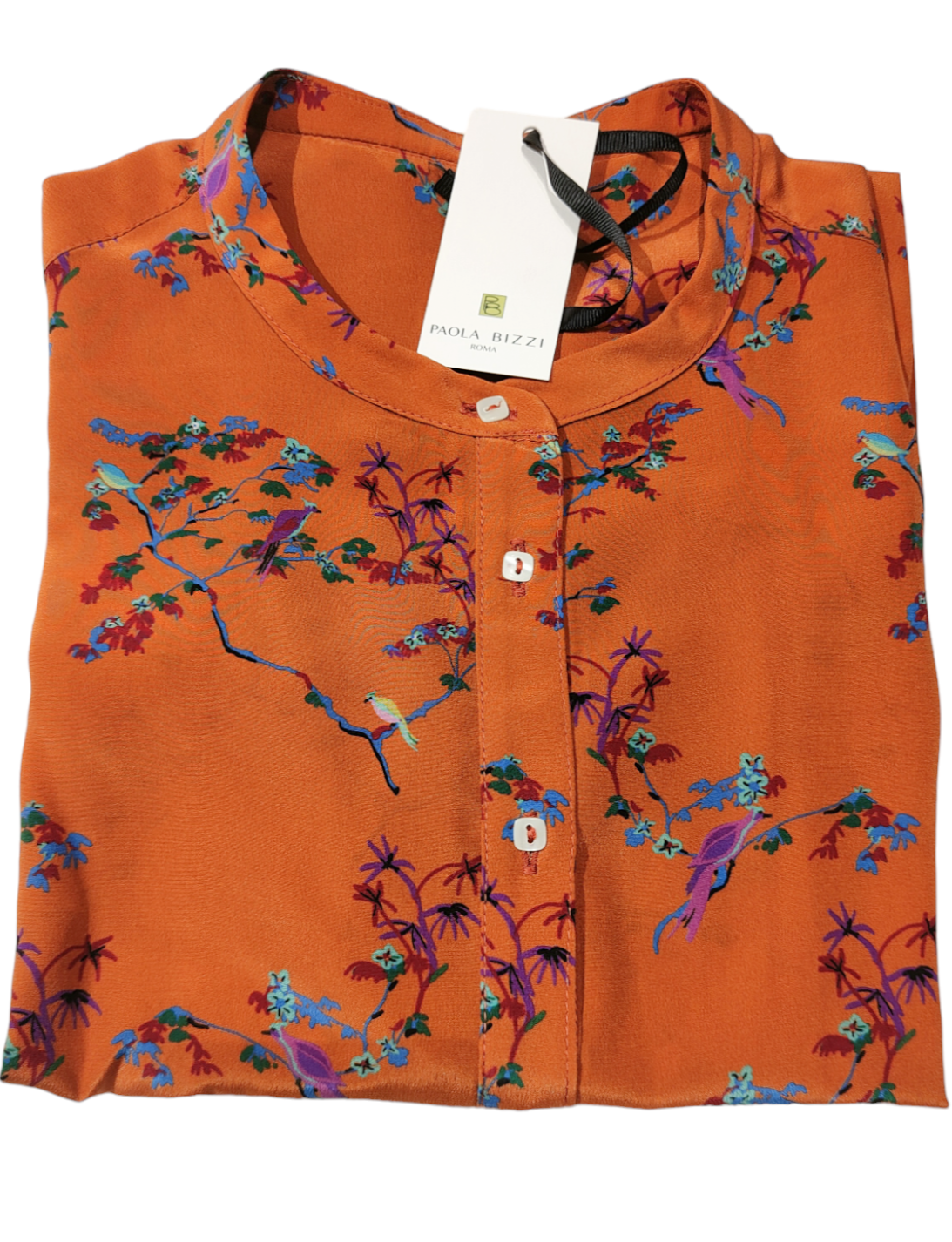 "Unique" silk shirt with "Cineserie" pattern with orange background
